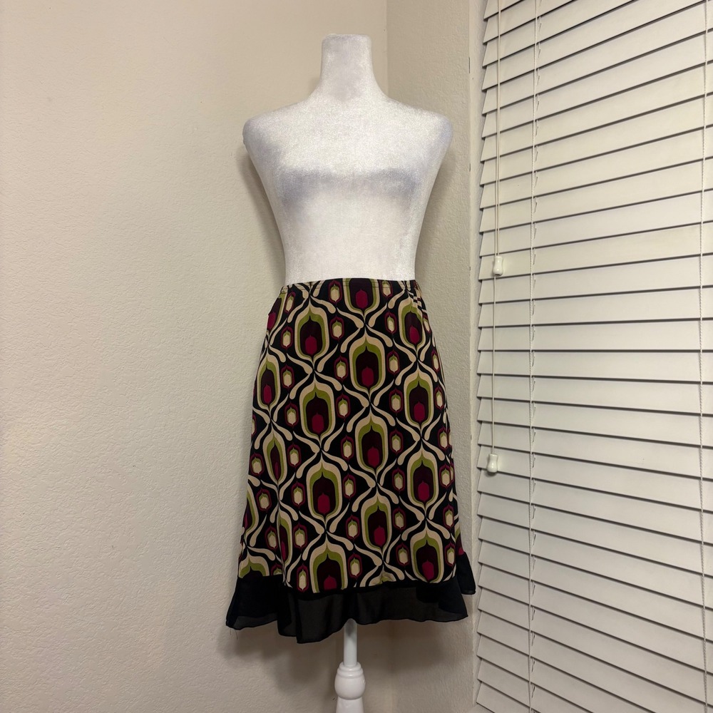 Vtg 90s Art Deco Retro Funky Artsy Twee Mod Geometric Print Ruffle Hem Skirt S